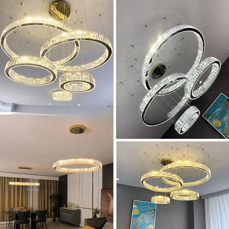 Modern Golden Chrome LED Ceiling Chandelier  Ring Hanging Light Pendant Lamp for Dinning Living Room Circle Crystal round Design