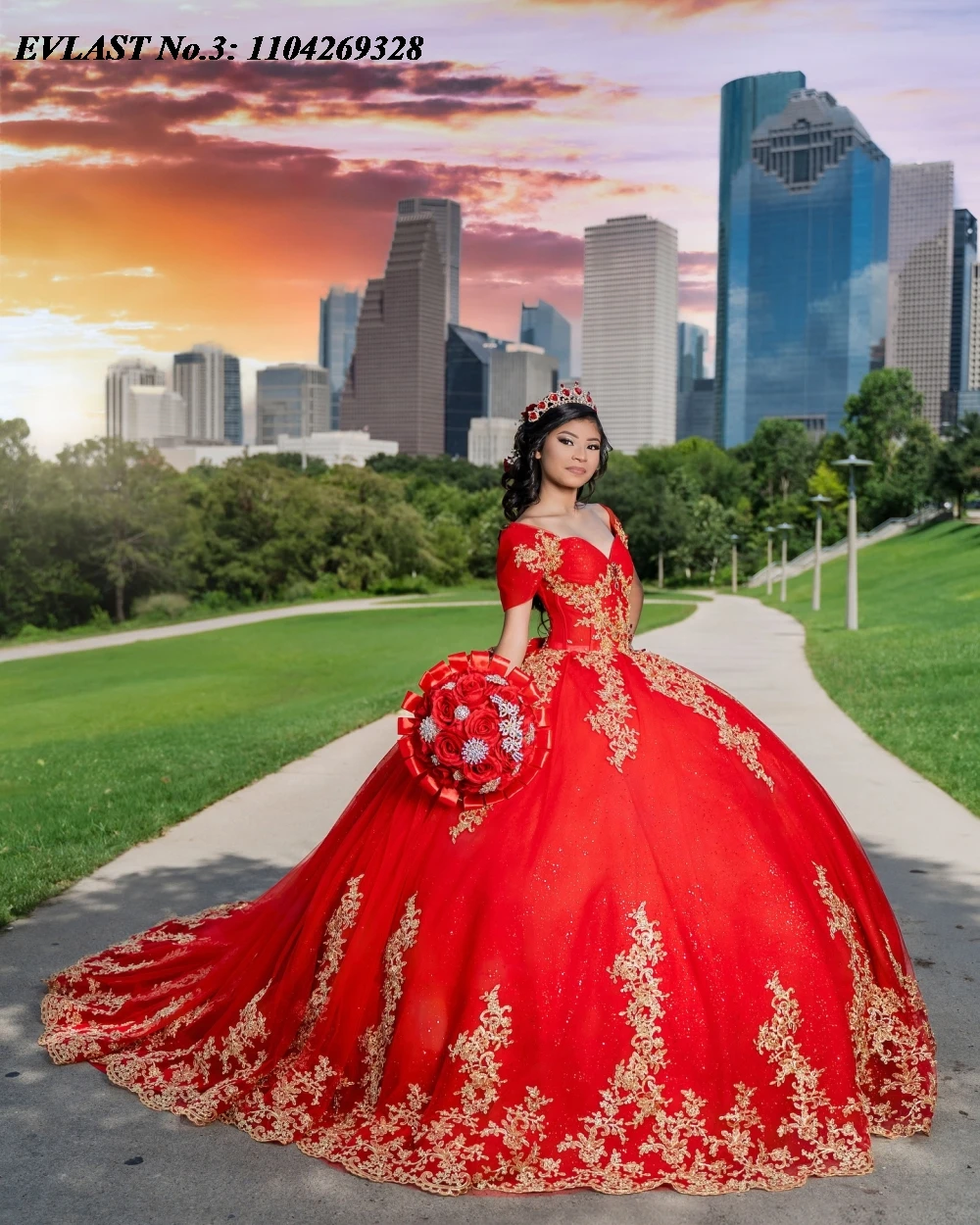 EVLAST ที่กําหนดเองเม็กซิกันสีแดง Quinceanera Ball Gown ทอง Applique ประดับด้วยลูกปัดโบว์รัดตัวหวาน 16 Vestido De 15 Anos E3Q401