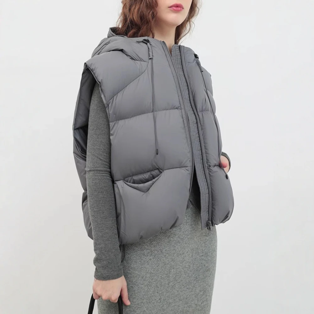 معطف نسائي للخريف والشتاء بدون أكمام مع غطاء للرأس وتصميم عادي مريح وسترة قطنية أساسية يومية مع جيوب