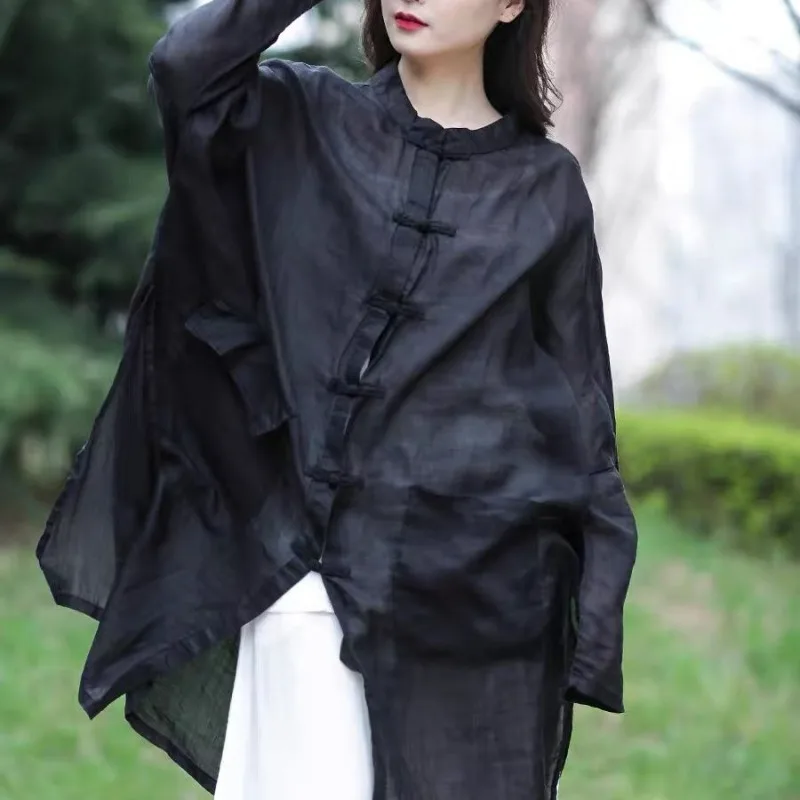 

Новая весенняя рубашка из хлопка и льна для женщин 2025 года, оригинальный дизайн, свободная, большого размера, в китайском стиле, солнцезащитная блузка, повседневный тонкий топ