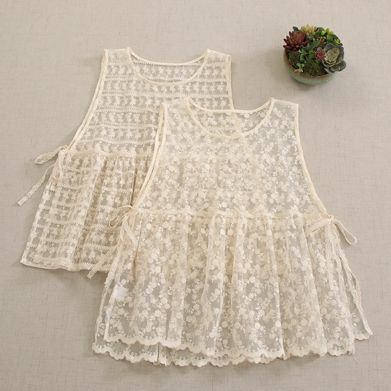 

Sweet Mori Girl Embroidery Cover Up Camis Tank Tops Women Japan Style Summer Bandage Fairy Vest Tops