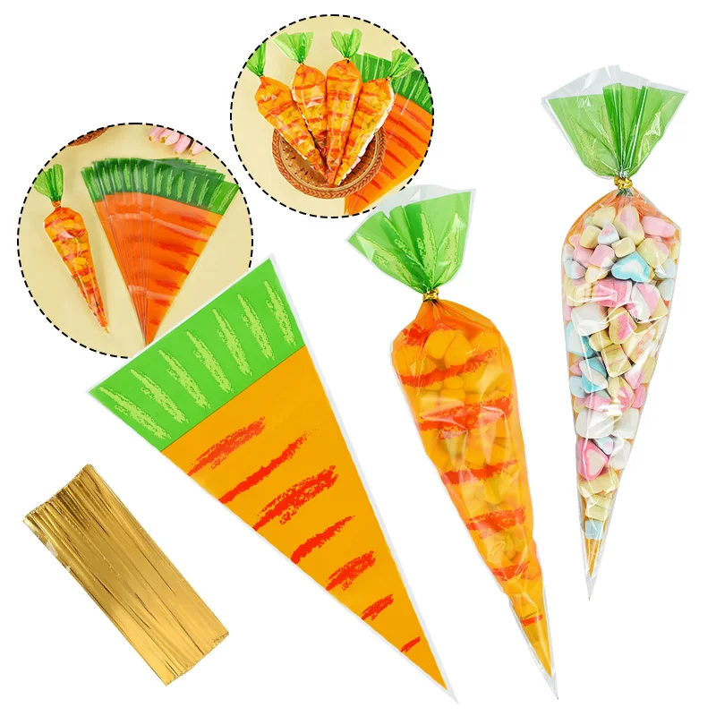 20/50pcs Easter Carrot Plastic Candy Bags Wedding Favors Sweet Biscuit Gift Packaging Bags Happy Spring Easter Party Decoration 3