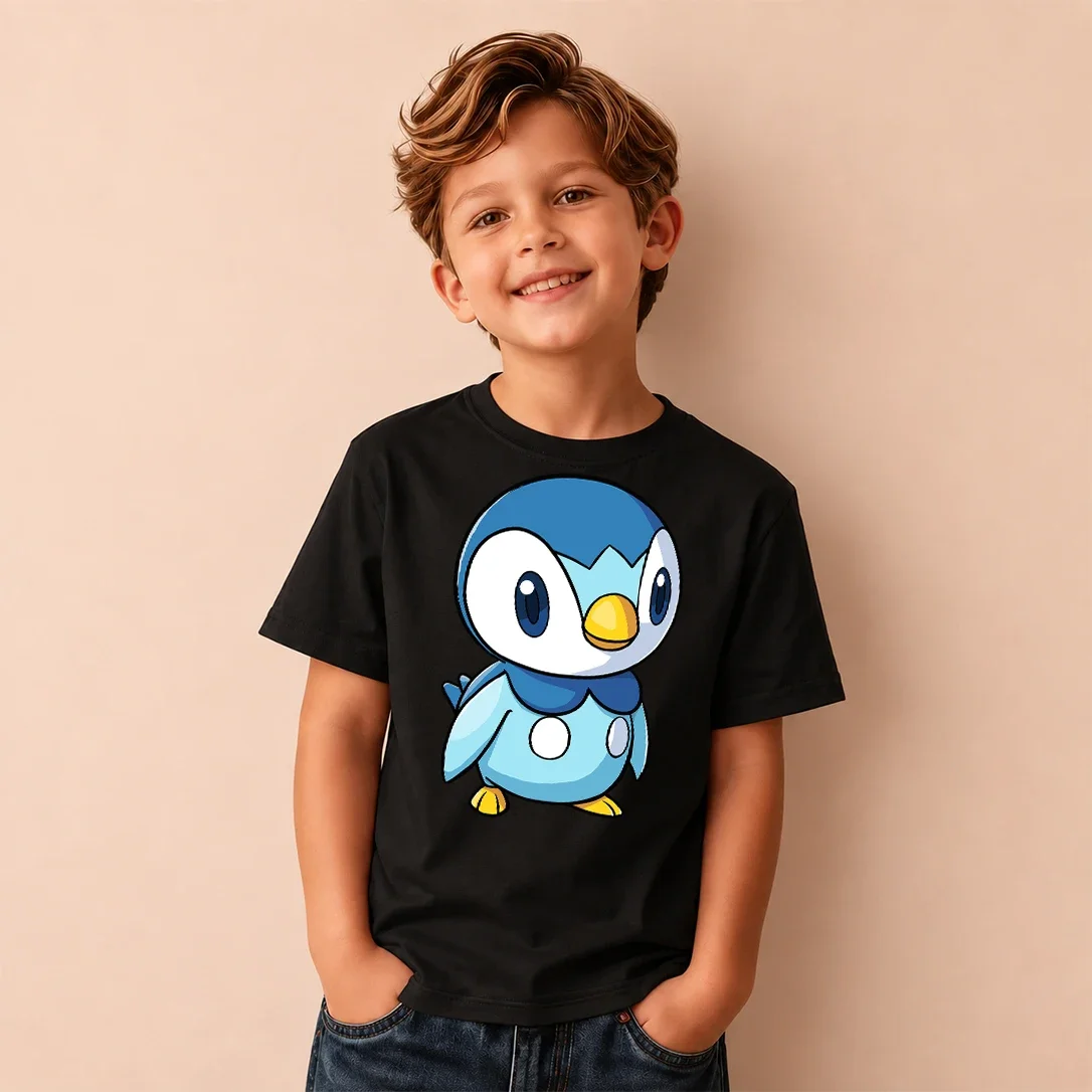Kids Pokemon Piplup Print Short Sleeve T-Shirt Boys Cartoon Graphic Casual Tee Children Birthday Gift
