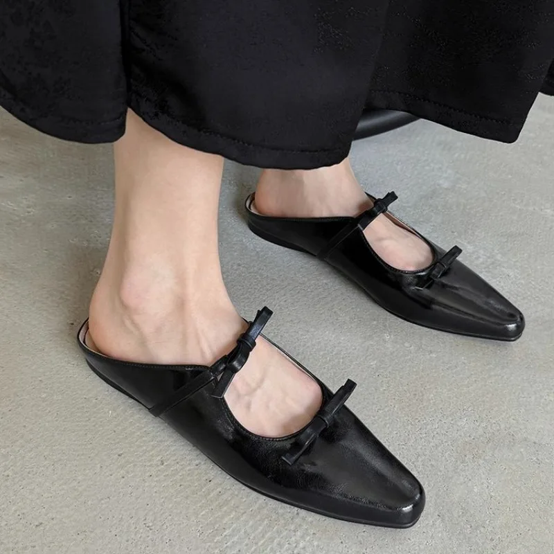 2024 New Luxury Bow Tie Mary Jane Womens Pointed Shiny PU Leather Flat Ballet Shoes Party Dress Womens Slippers Zapatillas Mujer