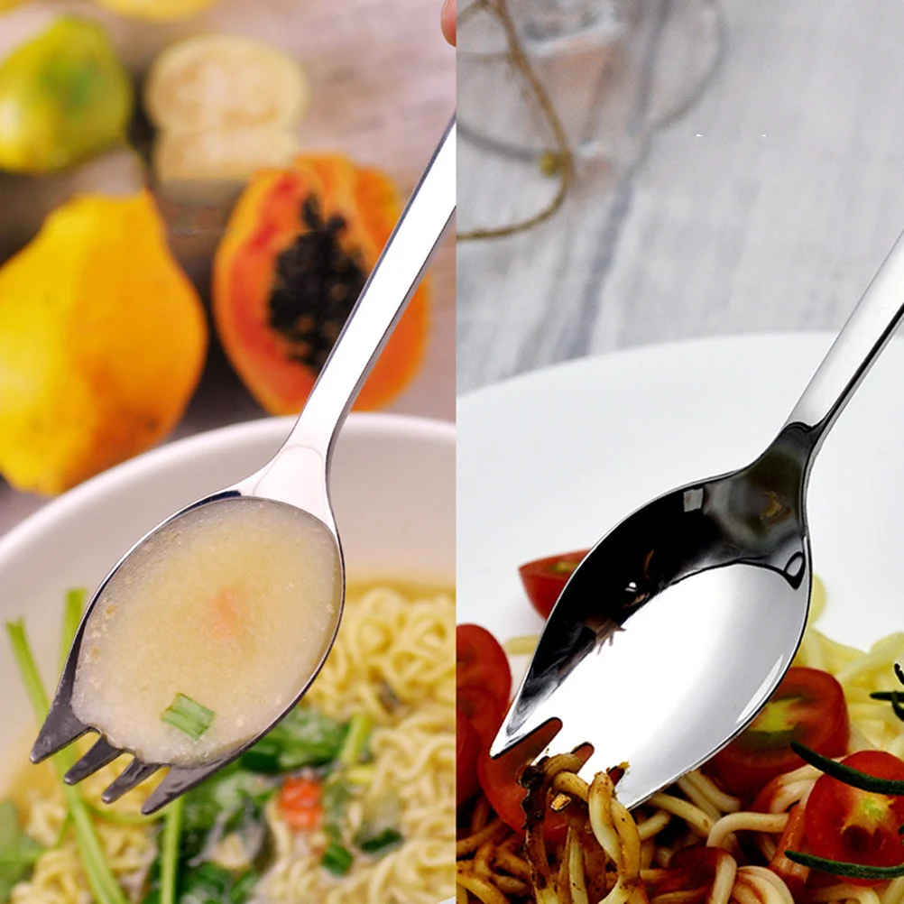 Stainless Steel Spoon Kitchen Utensils One Body Long Handle Spork Salad Student Silverware