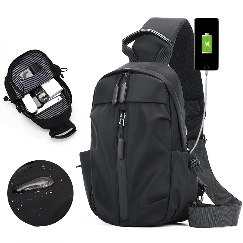 Men Nylon Crossbody Bag with USB Charging Port Multifunction Outdoor Travel Waterproof Daypack Male Casual Messenger Chest Bags