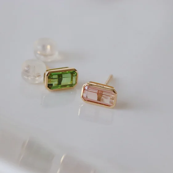 Natural Pink Green Tourmaline 925 Silver Square Geometirc Ear Studs Simple Minimalism Silver Earring Gemstone Jewelry Wholesale