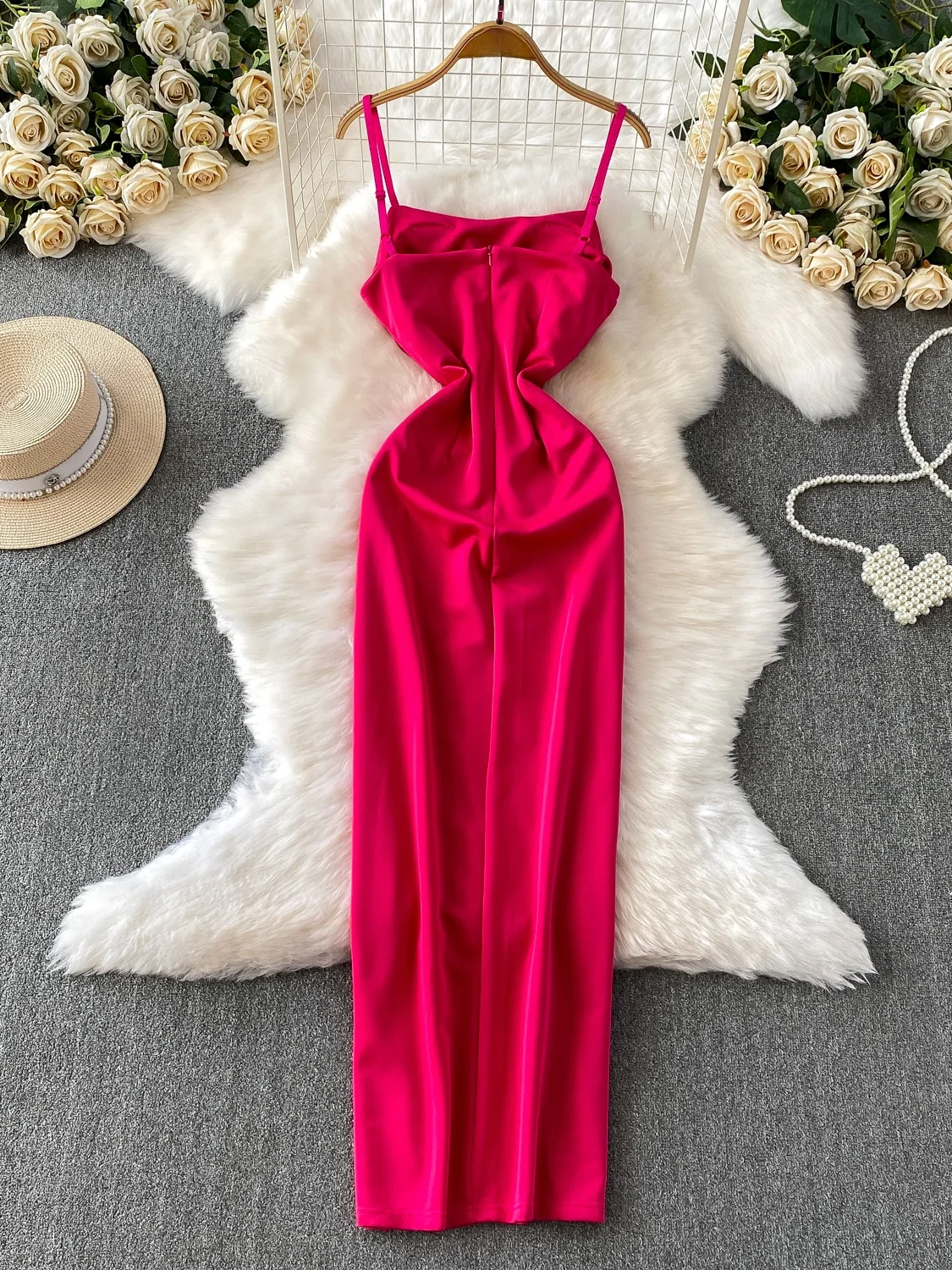 Ele Satén Split Dr Verano Par Vestido Mujer Cintura Alta Una Línea Midi Dr Floral Embelezado Vestido de Noche con Tirantes