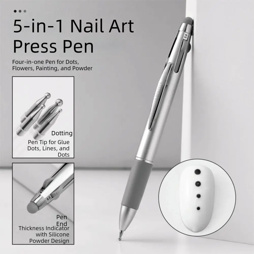

Многофункциональная ручка для дизайна ногтей 5-в-1 с наконечниками 0.8/1.0/1.6/2.0 мм, для самостоятельного нанесения точек и рисунков, с несколькими размерами и типами наконечников, шариковая ручка для нейл-арта