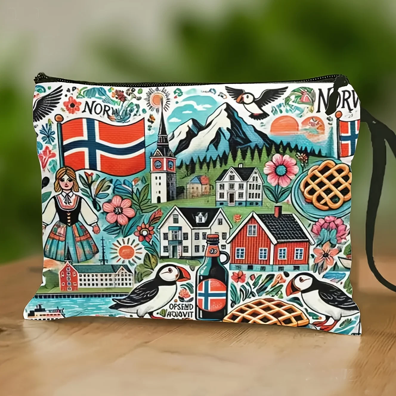 Zippered Cosmetic Bag with Colorful Double-Sided Prints Durable with a   Themed Around The Culture of Norwegian Citi