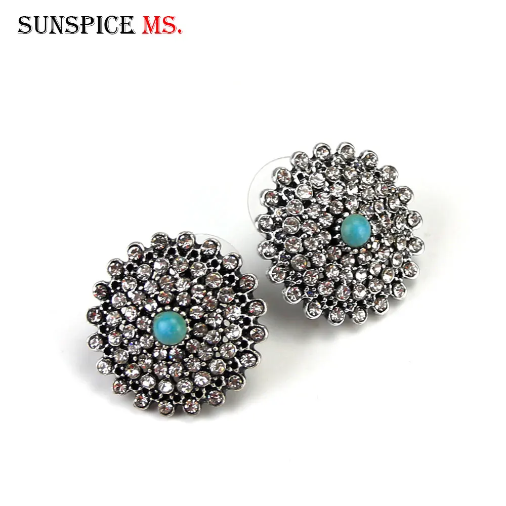 Sunspicems Retro Silver Color Russia Round Crystal Stud Earring for Women Natural Stone Vintage Jewelry BOHO Ethnic Bridal Gift