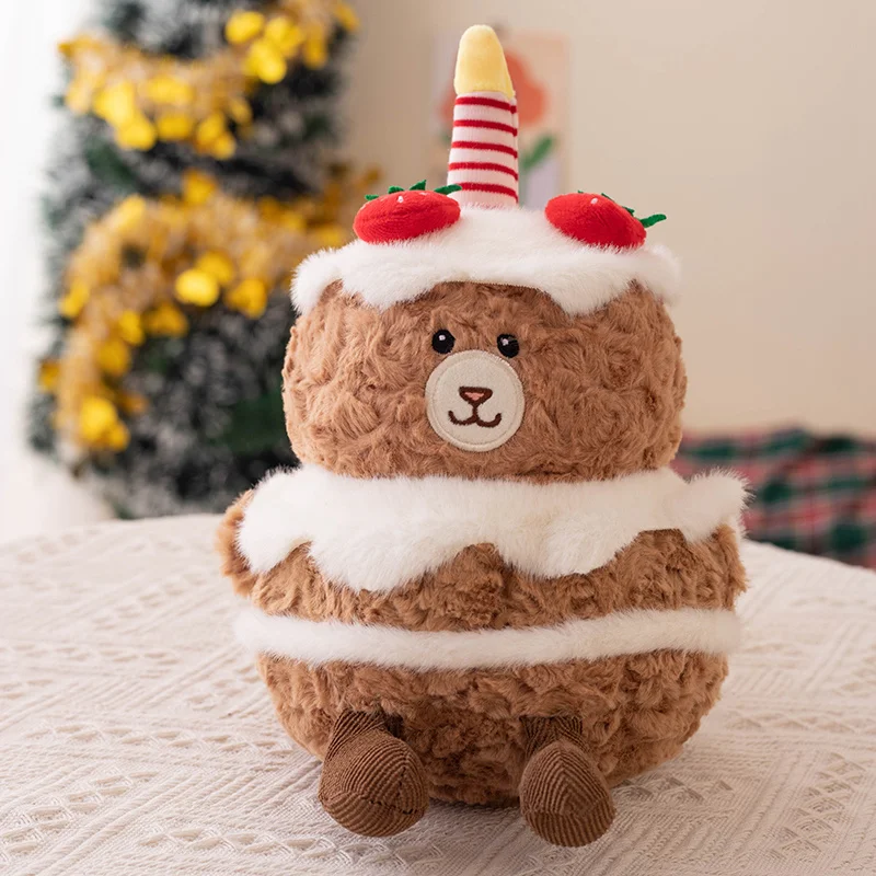 25cm Kawaii Cartoon Strawberry Cake Stuffed Toy With Candles Cute Brown Bear Strawberry Double Cake Plush Toy Gift For Children