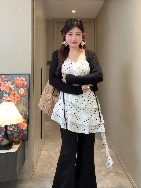 

Комплект: кардиган и топ больших размеров в стиле ретро с принтом в горошек и текстурой дерева, асимметричный, для подружек невесты, весна-лето, стройнящий, с открытым передом