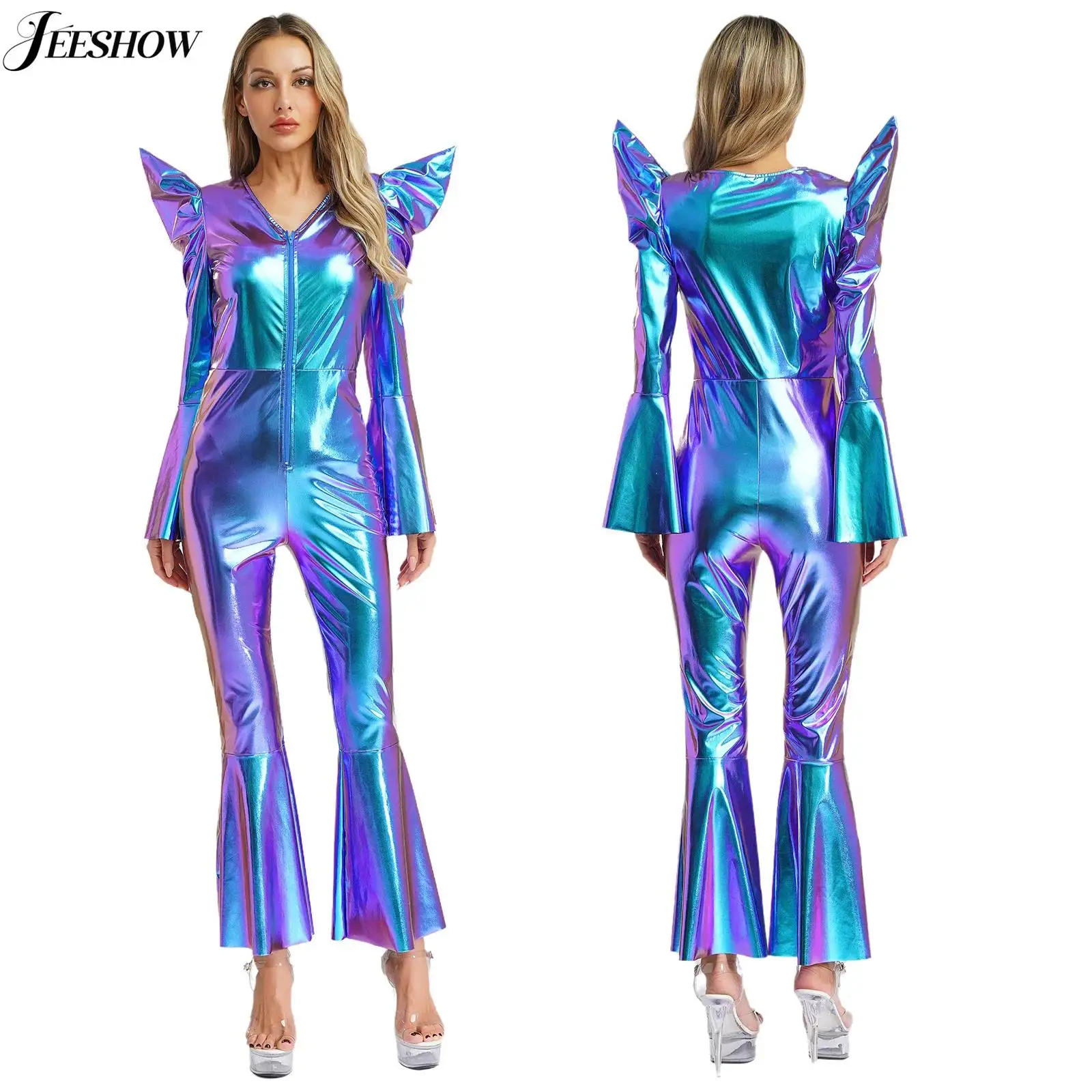 Retro-Disco-Tanz-Outfits für Damen, glänzend, metallisch, langärmelig, hohe Taille, ausgestelltes Bein, Overall, Hippie-Kostüm, Schlaghose, Strampler