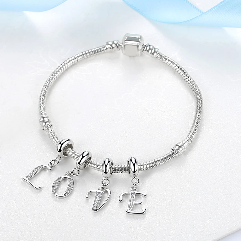 Original Silver Plated Charms Alphabet A-Z Letter Pendant Beads Pave CZ Fit Pan Bracelets Necklaces Women DIY Jewelry