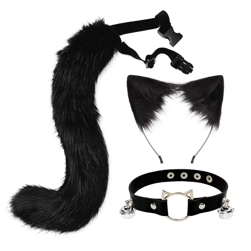 1 set Cat Ear Halloween Cosplay Accessories Necklace Adjustable Halloween Animal Cosplay Props Cat Tail Outfit