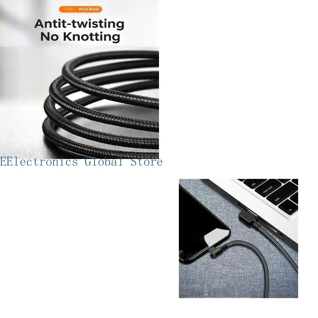 462B 90 Degree Angled Type C Fast Charging Cable With LED Light For Gaming And Data Transfer Durability Braided Cord
