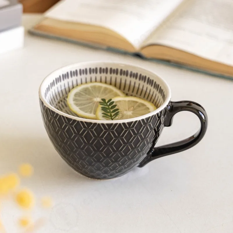 Black Diamond Texture Embossed Mug, Ceramic Cup for Oat Breakfast Coffee Milk Tea, Slight Imperfect Daily Drinking Cup