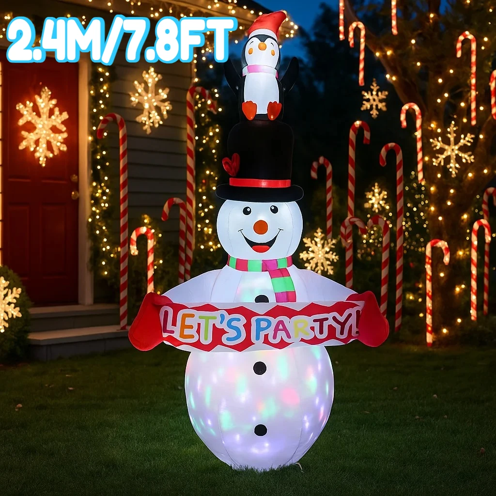 2,4 M/7,8 pies muñeco de nieve inflable pingüino bastón de caramelo luces LED decoraciones para el hogar juguetes patio adornos de Navidad decoración de iluminación de vacaciones