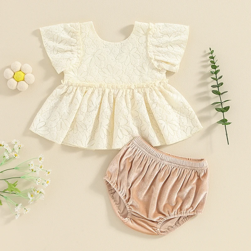 

0-18M Toddler Baby Girl Clothes Set Solid Color Round Neck Fly Sleeve Ruffled Hem Lace Flower Tops + Elastic Waist Shorts