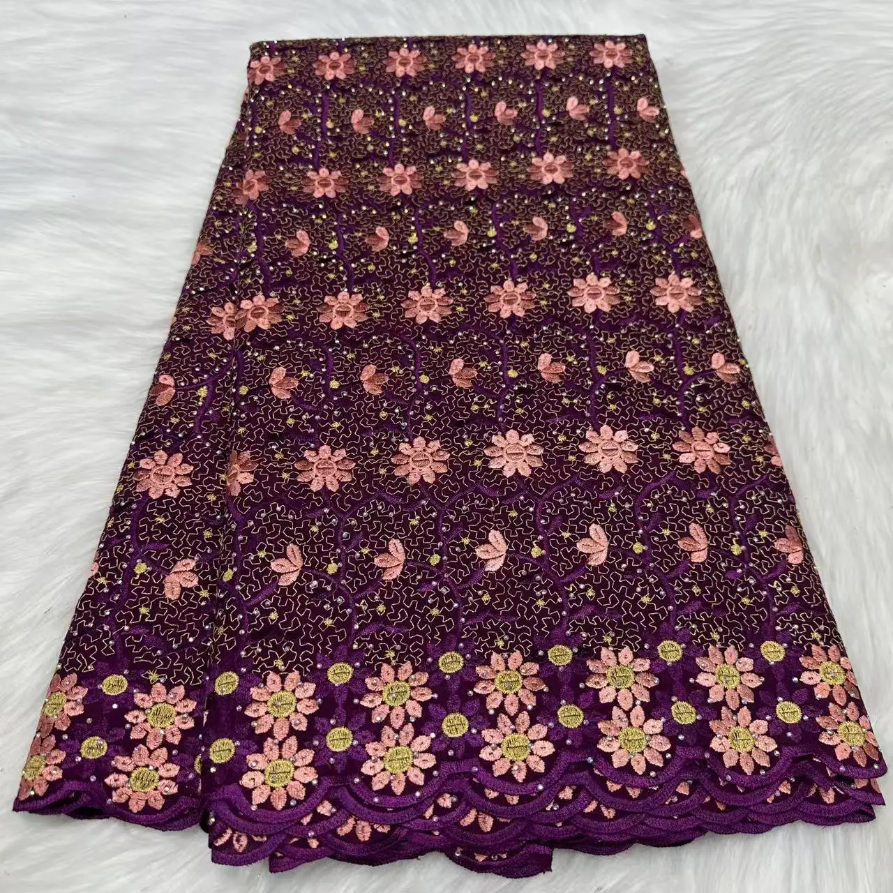 

Latest Purple African Cotton Lace Fabric 2025 High Quality Stones Embroidery Nigerian Swiss Voile Lace Fabric For Dress KYC2530