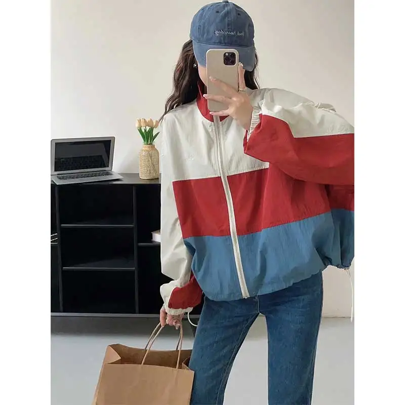 Women Clothing Spring Autumn Fashion Simplicity Zipper Color Blocking Stand-up Collar Female All-match Cardigan Loose Coat Tops