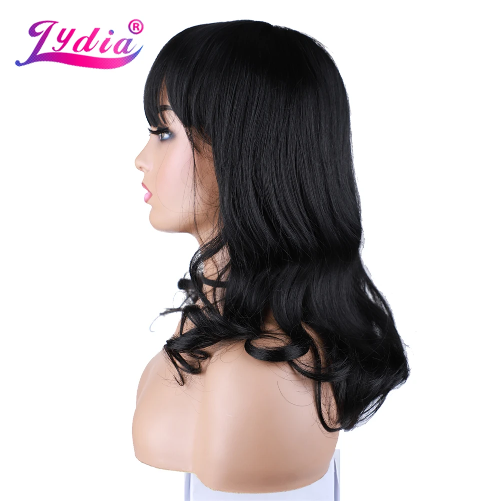 Lydia Medium Synthetic Wigs With Neat Bang Straight Black Curly Wavy Wig  For African American Women 16Inch With Skin Topper