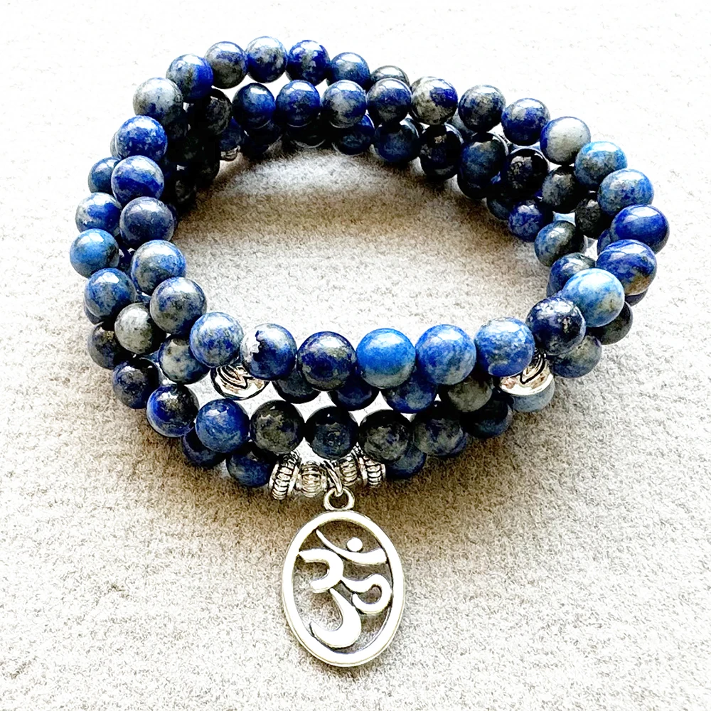 

MG2307 6 MM Natural Lapis Lazuli 108 Mala Bracelet Womens Ohm Charm Gemstone Handmade Yoga Wrist Balance Jewelry