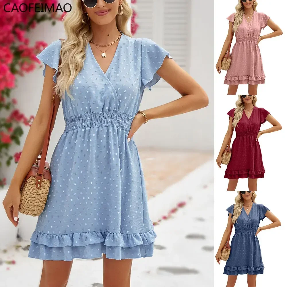 

2023 Caofeimao Women Dress Summer Sexy Ruffles Short Sleeve V Neck Boho Party Mini Sweet Beach Short Sleeve Dress Vestidos
