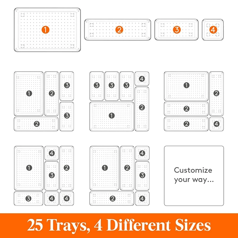 25 PCS Drawer Organizer Set Clear Plastic Desk Drawer Dividers Trays Dresser Storage Bins Separation Box For Makeup