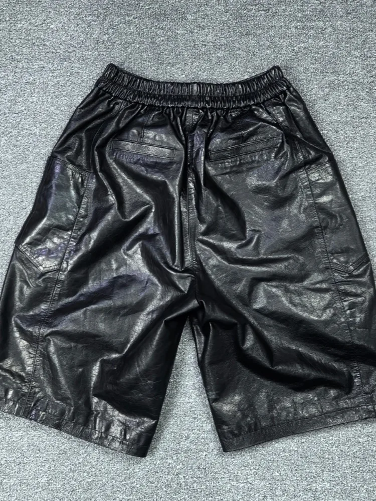 Spring New Women Casual Knee Length Oil Wax Cowhide Genuine Leather Shorts High Waist Loose Fit Short Straight Shorts Streetwear