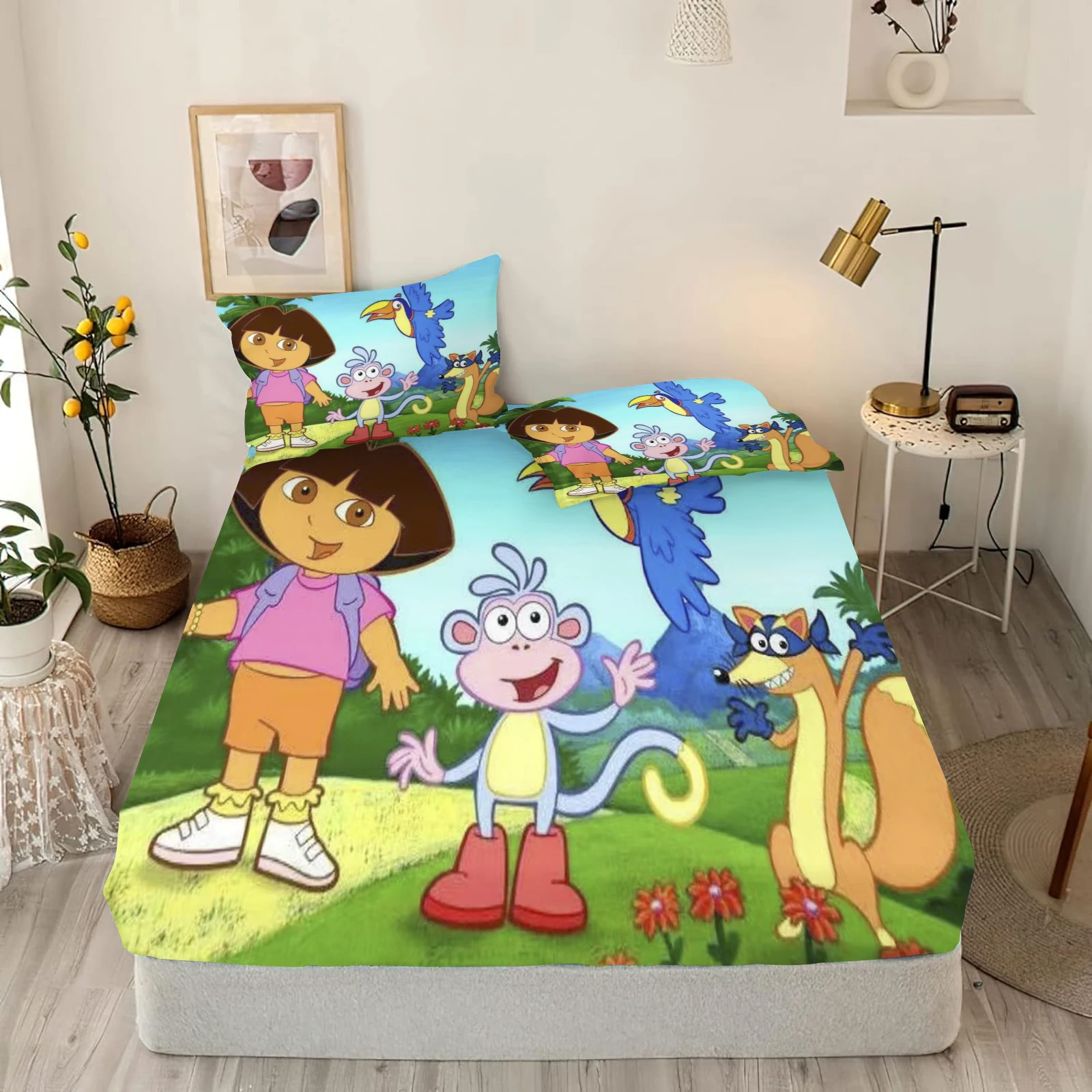 Dora the Explor Cartoon Fitted Sheet Baby Home Sheets Cover Teenager Soft Skin-friendly Elastic Children Cute Printing Bedding