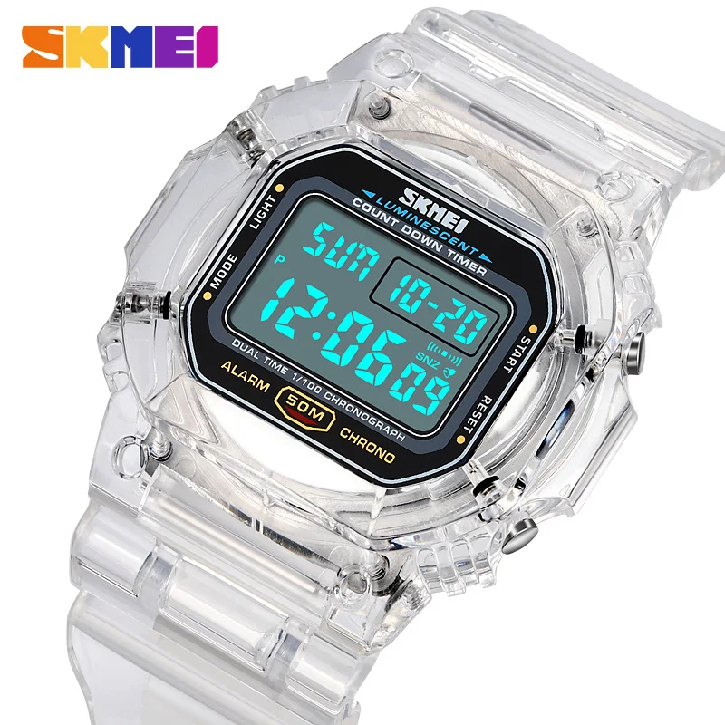 SKMEI Transparent PU Strap Lady Wristwatch Shockproof New Multifunctional  2 Time Count Down Women Digital Watches reloj mujer