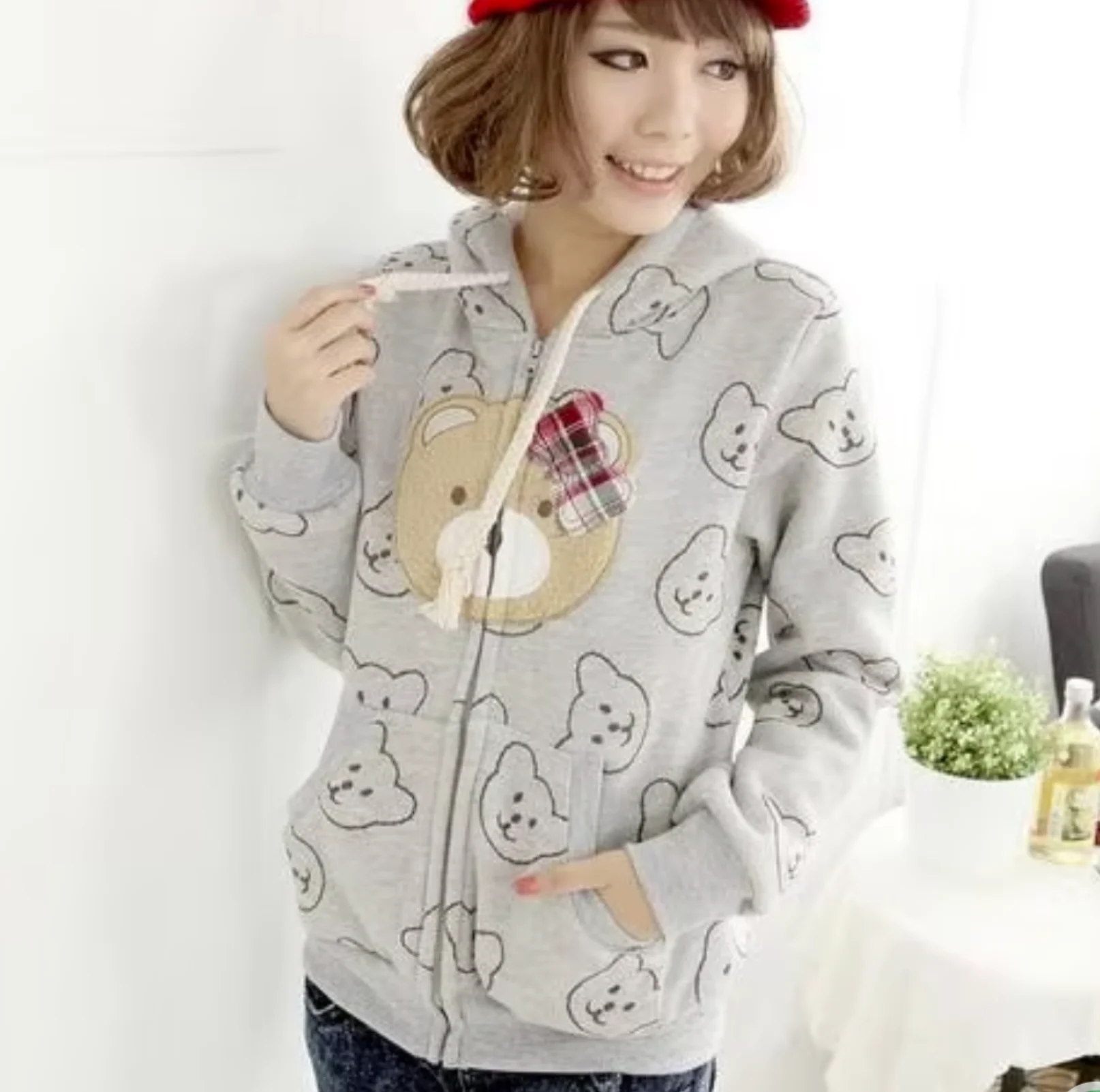 new Lovely Bear cartoon embroidered fleece zip warm  coat female Spring Autumn Korean cute bear warm fleece hoodie cardigan