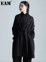 [EAM] Loose Fit Black Bandage Big Size Long Jacket New O-neck Long Sleeve Women Coat Fashion Tide Spring Autumn 2024 1DH1987