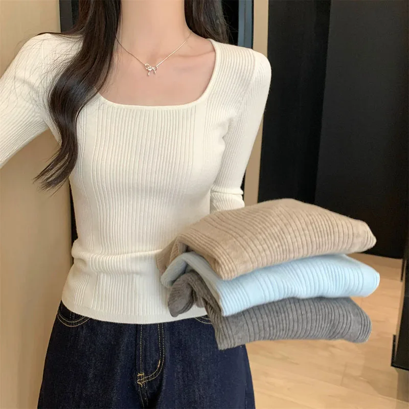 Autumn Winter Women Square Neck Knit Sweater Korean Slim Fit Long Sleeve Short Jumper Solid Color Soft Stretchy Basic Pullover
