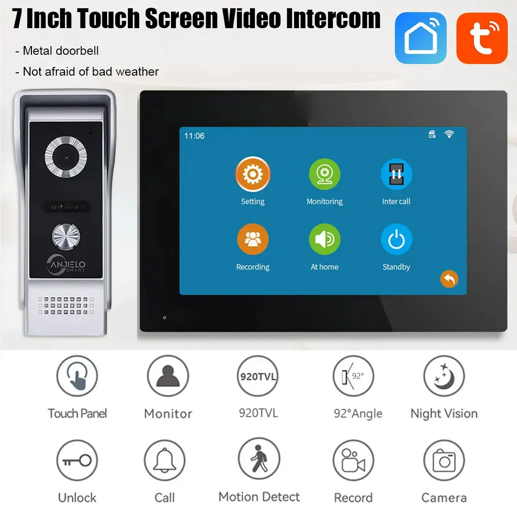 Metal Doorbell Video Intercom System With Touch Monitor 7 Inch Tuya Smart Videophone for Home 인터폰 한국형