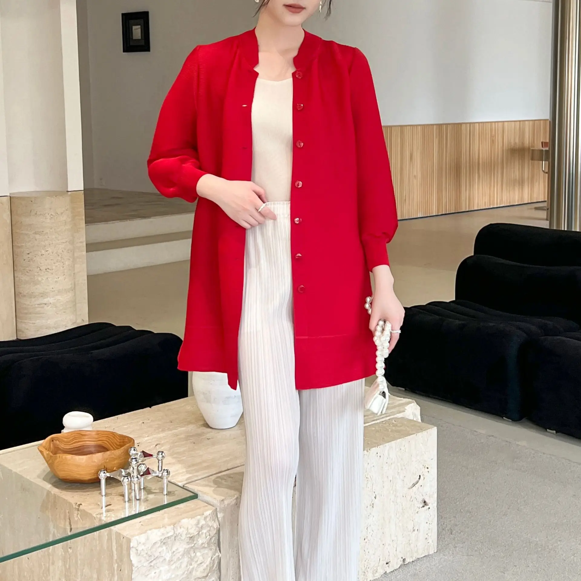 Miyake Fold 2025 Autumn Spring New High End Fold Fashion Casual Style Pleat Long Sleeve Large Loose Pleated Medium Length Coat