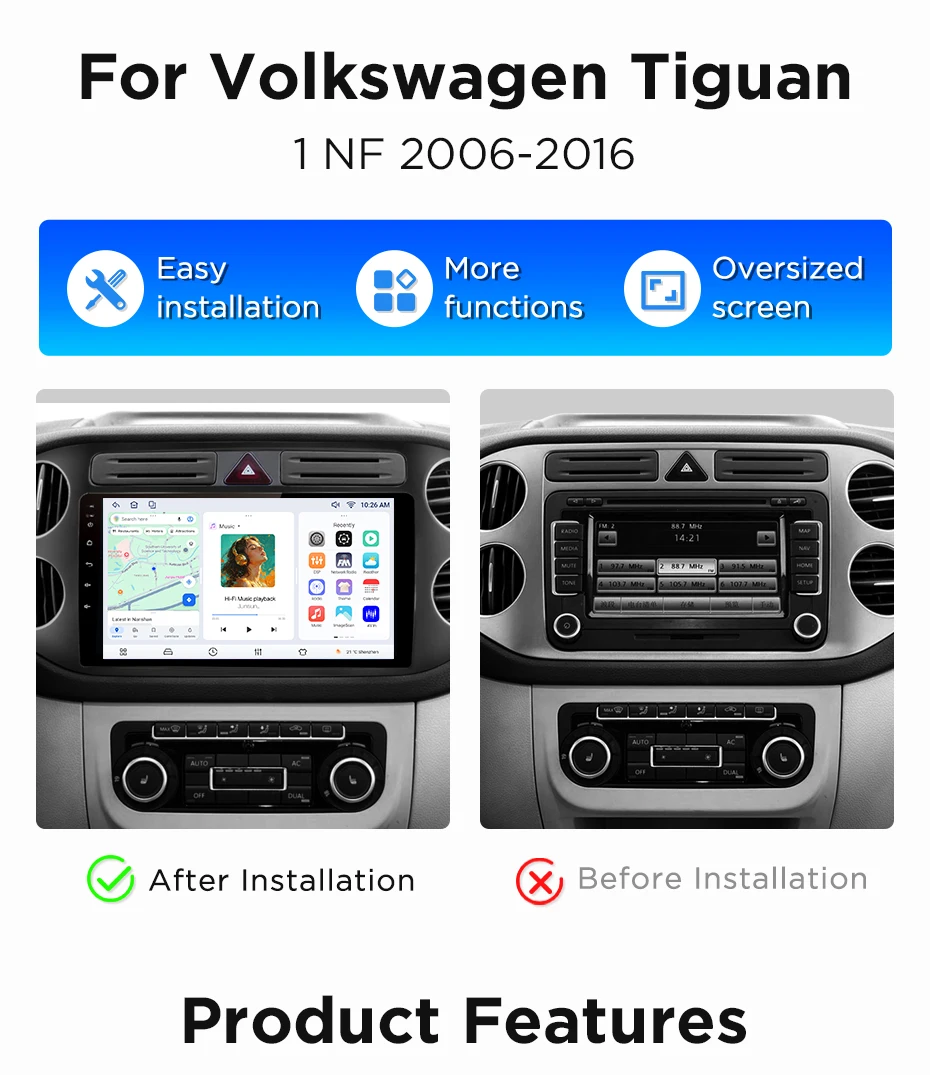 Android Autoradio für Volkswagen (VW) Tiguan Mk1 (5N) 2007-2016 Android GPS-Navigation, WiFi, DSP, RDS, BT, SWC, IPS-Touchscreen