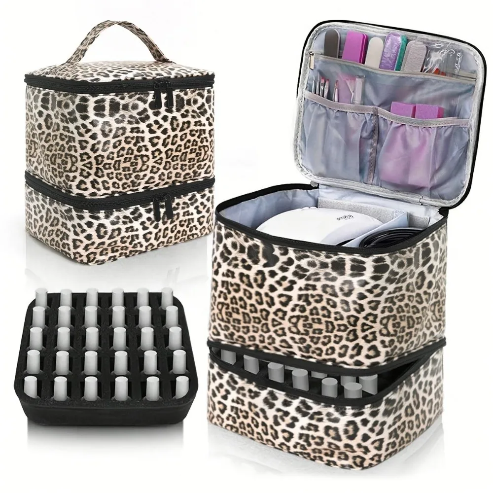 Double Layer Nail Polish Storage Bag PU Leather 30 Grids Essential Oil Organizer Bag Leopard Print Waterproof Cosmetic Bag