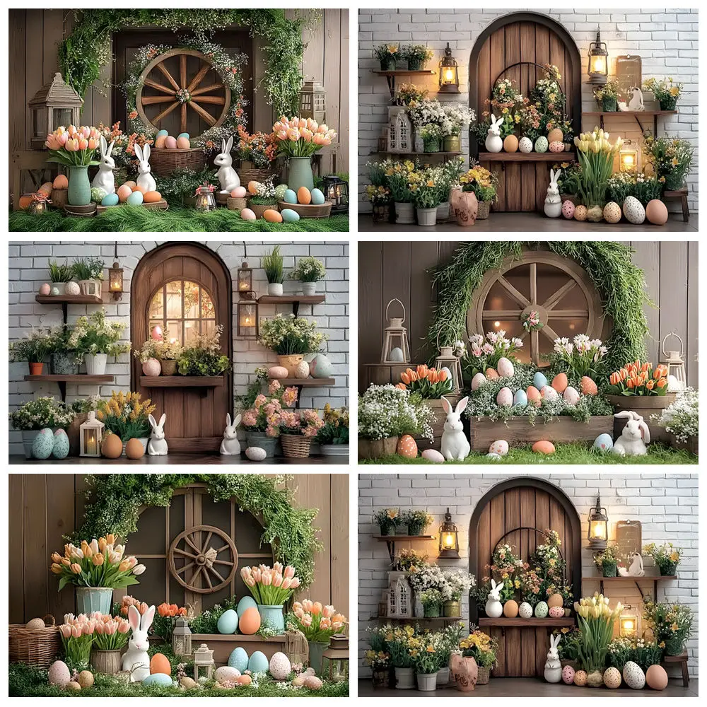 Spring Easter Photography Background Wooden Door White Brick Wall Flowers Rabbit Eggs Flower Kids Birthday Decor Photo Backdrop