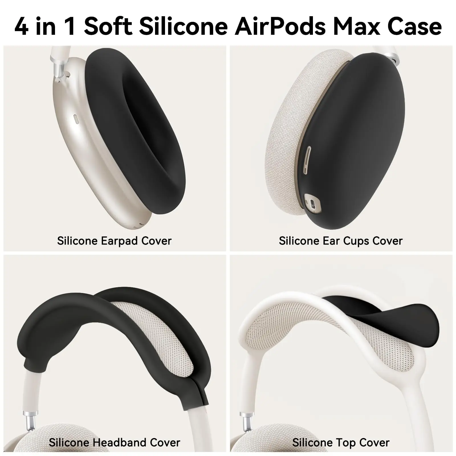 غطاء حماية من السيليكون 4 في 1 لسماعات AirPods Max، غطاء وسادة الأذن/غطاء أكواب الأذن/غطاء عصابة الرأس لجهاز AirPod Max - أسود