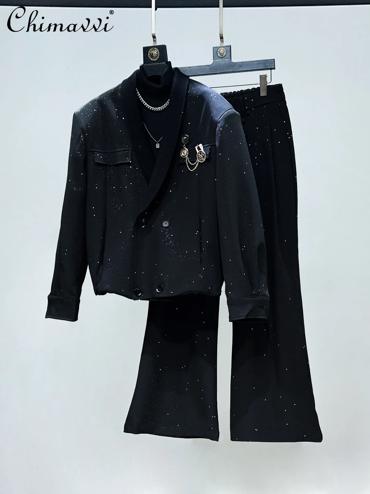 

Original Fashion Diamond Suit Set for Men 2026 Spring Double-Breasted Short Blazer High-Waisted Flared Trousers Two-Piece Set