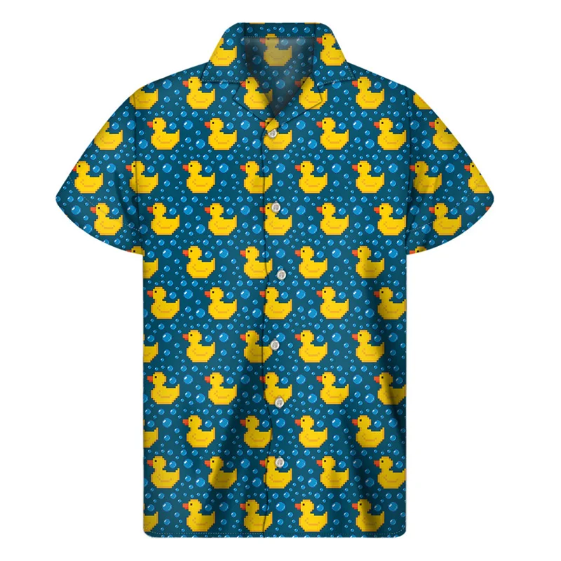 Cute Yellow Rubber Duck Graphic Shirt Men 3D Print Hawaiian Shirts Summer Button Short Sleeve Tops Loose Lapel Aloha Blouse