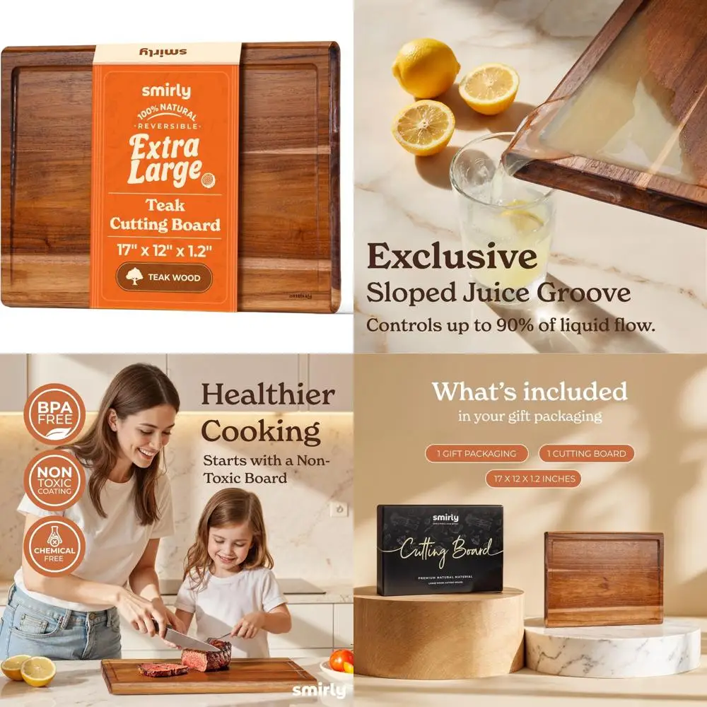 

Smirly Нетоксичные разделочные доски из тикового дерева для кухни [толщина 1,2][17 очень больших] разделочная доска с глубокой канавкой для сока.