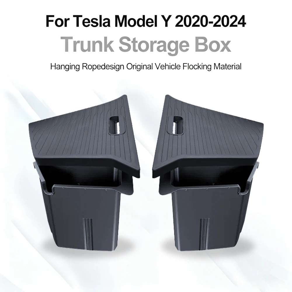 Image of Kofferraum-Aufbewahrungsbox für Tesla Model Y 2020-2024 TPE Kofferraum-Organizer mit Deckeln Mülleimer Innenraum Schwarze Seiten-Aufbewahrungsbox