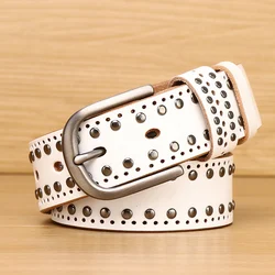 Clickclark Mens/ Women Studded Genuine Leather Belts For Jeans Vintage Retro Circle Rivets Belt With Buckle Black / White