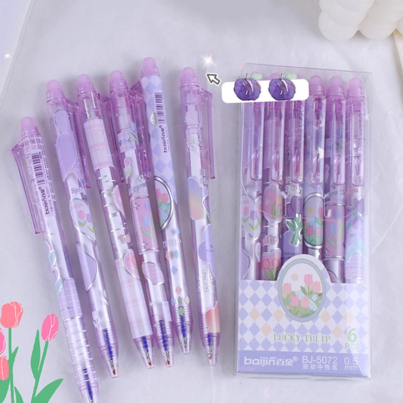 

6PCS Ins Erasable Neutral Pens Flower Landscape Design Gel Pen Kawaii Press Pen With Erasers For School Office Korean Stationery