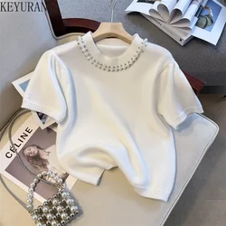 Peals Beaded Diamonds Knit T-Shirts Women 2024 Summer New Korean Fashion Loose Spliced Puff Short Sleeve Sweater Tops Tees Femme