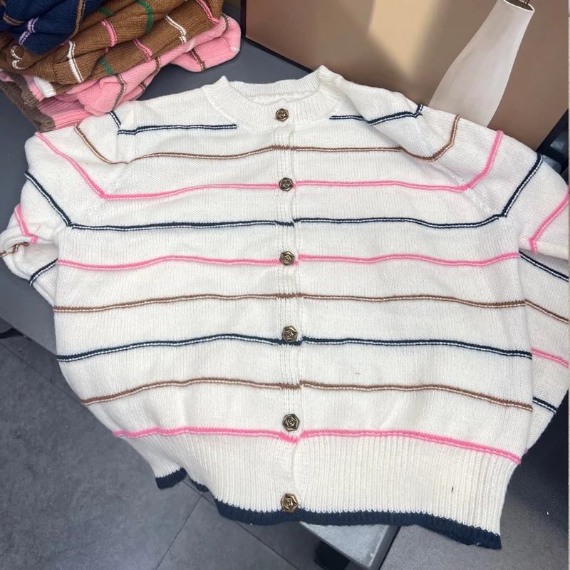 YuooMuoo Women Cardigans Autumn Long Sleeve Vintage Rose Buttons Single-breasted Knitted Coat Korean Fashion Stripes Ladies Tops